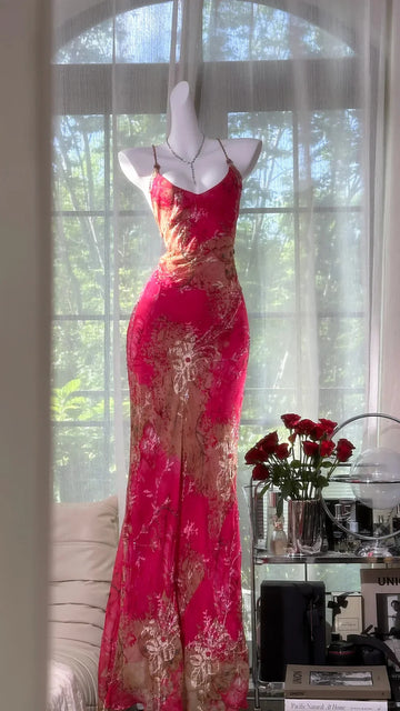 Sexy Mermaid Spaghetti Strap Pink Print Floral Chiffon Prom Dress Wedding Guest Dress HZ1023